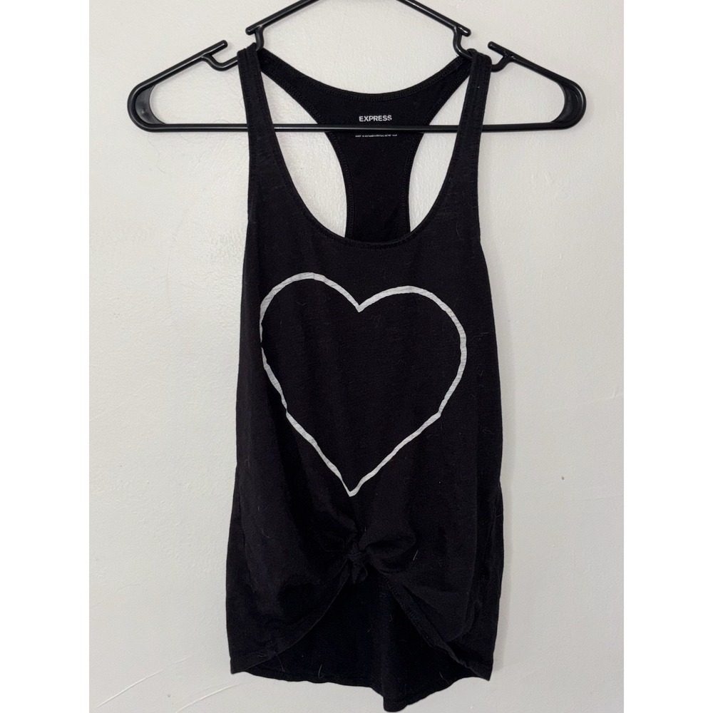 Basic Black Express Brand Tank Top White Graphic Heart And Tied Up In The Front